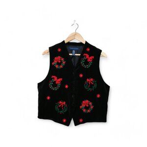Karen Scott Velvet Christmas Vest with Embroidered Wreaths